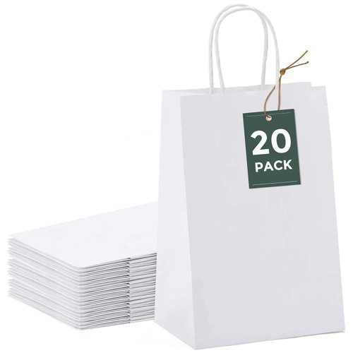 GSSUSA Kraft Paper Gift Bags 5.25x3.75x8 Paper Bags with Handles, White (20 Pcs), Bulk Kraft Gift Bag for Shopping, Craft, Grocery, Party, Retail, Lunch, Business, Wedding, Merchandise, Boutique
