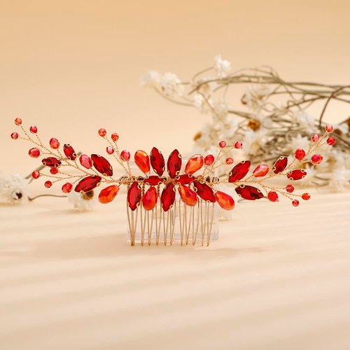 Rumtock Red Crystal Hair Comb for Wedding Brides Women Girls Side Headpiece Handmade Vintage Hair Accessories for Styling (Red)