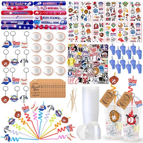 Baseball Party Favors, 172 pcs Birthday Party Supplies contains Cups, Straws, Whistles, Bracelets, Keychains, Stickers, Soft Balls, Tatoo Stickers, Thank You Tags for Sport Themed Birthday Decors