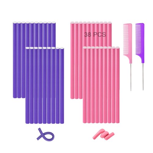 Flexible Curling Rods, 38Pcs 9.45" Flexirods Hair Rods, Twist Foam Hair Rollers Flexible Curl Rods, Soft Flexible Curlers Heatless Bendable Hair Curlers for Long Medium Short Hair, Steel Pintail Comb