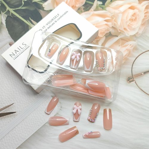 24Pcs White French Tip Press on Nails Short Square Fake Nails with Bow Rhinestones French Coffin Nails Full Cover Pink Acrylic False Nails Glitter Flower Cute Glue on Nails for Women Salon Manicure