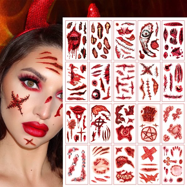 YOKSAS Halloween Wounds Scars Temporary Tattoo,20 Sheets Horror Bloody Kids Adults Face Makeup Tattoos