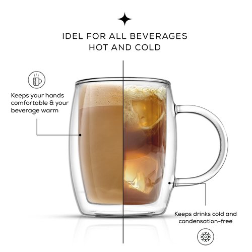 JoyJolt Double Wall Glass Coffee Mugs - 13.5oz Double Walled Glasses, Thermal Borosilicate Glass Insulated Coffee Mug. Clear Coffee Glass Cup, Cappuccino Mug, Iced Coffee Cup, Tea Mugs