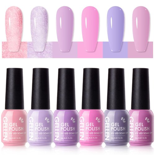 Gellen Gel Nail Polish Set, 6 Colors Pastel Pink Gel Polish Purple Nail Polish Set, Soak Off UV Gel Manicure DIY Home Salon Nail Art Valentines Gifts