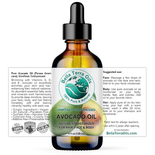 Bella Terra Oils - Avocado Oil 4 oz - Dive into The Purity of Natural Avocado, Abundant in Vitamin K & C, Superior Blend for Essential Oils