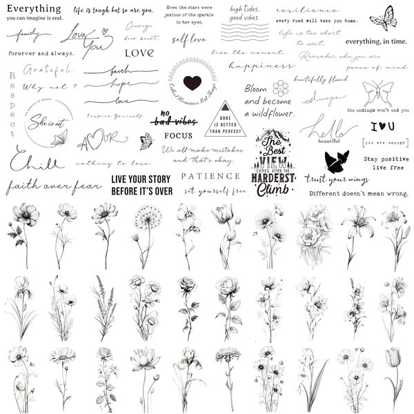 Esland Realistic Temporary Tattoos - 60 Sheets Small Fake Tattoos, 30 Pcs Meaningful Scripts Words Tattoos, 30 Pcs Line Art Wild Flower Nature Tattoo Stickers for Women and Men