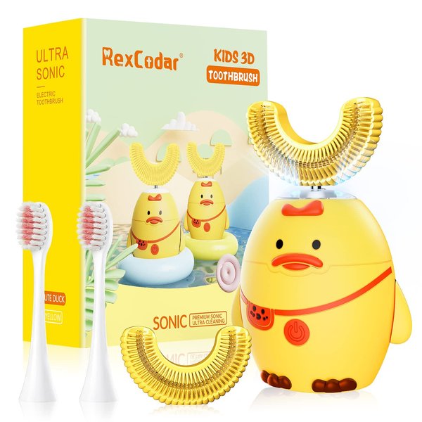 RexCodar Kids Electric Toothbrush, U Shaped Ultrasonic Automatic Toothbrush IPX7 Waterproof Toothbrush with 5 Smart Modes (Cartoon Duck,Ages 2-6)