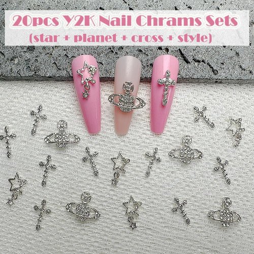 KACHIMOO 20PCS Cross Nail Charms 3D Silver Star Nail Charms Planet Nail Art Charms Shiny Starlight Nail Jewelry Gems Y2K Nail Charms for Women Girl Acrylic Nails Decoration