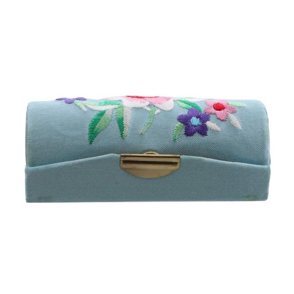 Motique Accessories Blue Embroidered Lipstick Case with Mirror Flower Lip Stick Holder