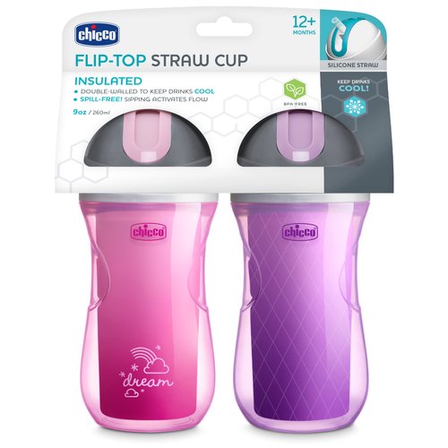 Chicco 9oz. Double-Wall Insulated Flip-Top Sippy Cup with Silicone Straw and Spill-Free Lid | Top-Rack Dishwasher Safe | Easy to Hold with Ergonomic Indents | Dream Pink/Purple, 2pk | 12+ months