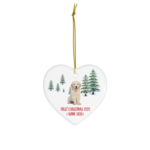 Personalized Name Custom Year Golden Retriever Puppy Cream First 2025 Christmas Tree Ornaments Gifts Decorations Winter Landscape Heart Ceramic