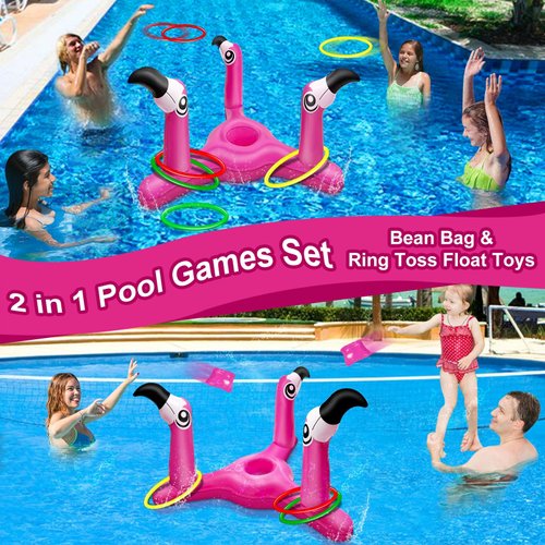 [ Bean Bag & Ring Toss ] Inflatable Flamingo Pool Toys Games Set 2-in-1 Floating Pool Rings Toss & Pool Cornhole Summer Swimming Hawaii Luau Party Water Pool Game for Kids Adults Family Beach Backyard