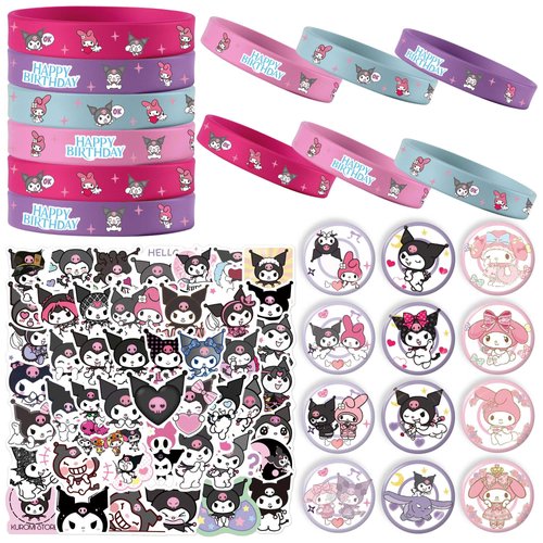 Kawaii Birthday Party Decorations, Kawaii Birthday Party Supplies Include 12 Bracelets, 12 Button Pins, 50 Stickers, Kawaii Party Favors
