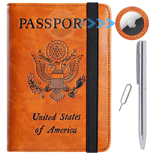 Airtag Passport Holder Cover Wallet Travel Essentials RFID Blocking Leather Card Case International Travel Must Haves Travel Accessories for Women Men(119#Claybank)