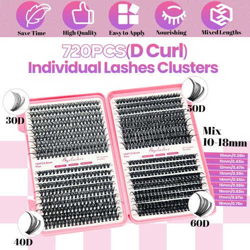 Qiveaory DIY Lash Extension Kit 720pcs Individual Lashes Clusters D Curl Eyelash Extension Kit with Lash Bond and Seal, Eyelash Remover Tweezers Brush(10-18mm,30D+40D+50D+60D) Lash Books DIY at Home