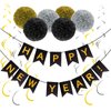 Black and Gold Happy New Year Banner with Bunting Swirl Streamers and Pom Poms for New Years Eve Party Supplies 2025 Happy New Year Decorations