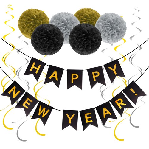 Black and Gold Happy New Year Banner with Bunting Swirl Streamers and Pom Poms for New Years Eve Party Supplies 2025 Happy New Year Decorations