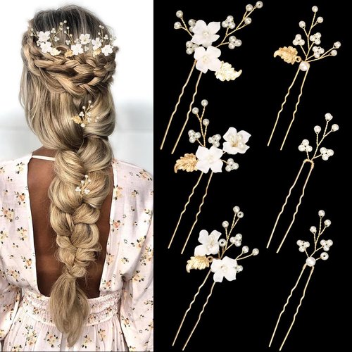 6 Pieces Flower Pearl Wedding Hair Pins, Handmade Gold Leaf Bridal Hair Styling Pins Headpiece Jewelry for Brides Bridesmaids and Flower Girls(Flower Pearl Style)