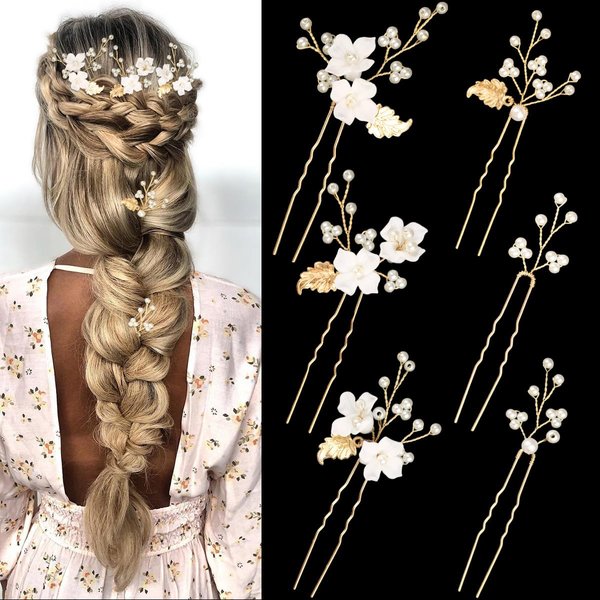 6 Pieces Flower Pearl Wedding Hair Pins, Handmade Gold Leaf Bridal Hair Styling Pins Headpiece Jewelry for Brides Bridesmaids and Flower Girls(Flower Pearl Style)