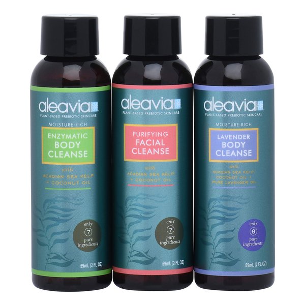 Aleavia Travel Size Trio – Set of Two Organic & All-Natural Prebiotic Body Washes and Facial Cleanser, Scented with Pure Essential Oils – Nourish Your Skin Microbiome – 2 Oz. Bottles