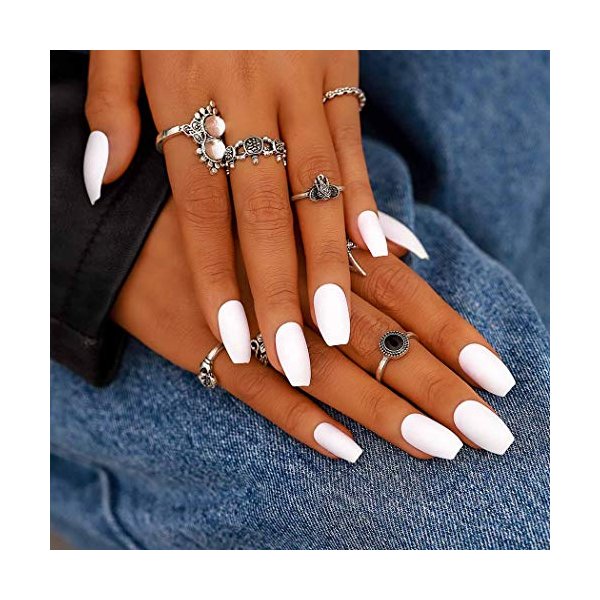 Campsis White Press on Nails Matte Coffin Long Acrylic Fake Nails Clips Cute False Nail Daily for Women and Girls (Pack of 24)