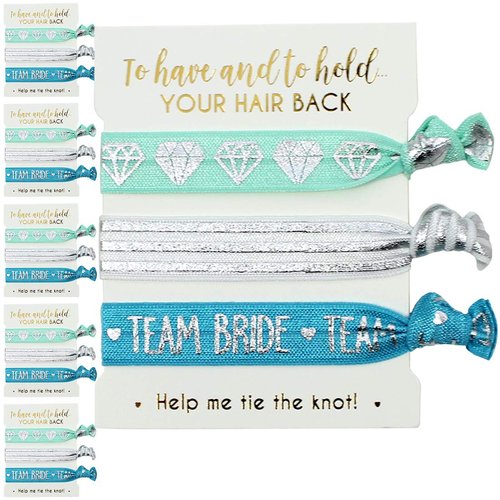 5-Pack of Hair Tie Cards - Bachelorette Party and Wedding Shower Proposal Favors for Bridesmaids, Team Bride, Bride Tribe (Aqua & Silver (Team))