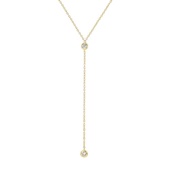 14k Vermeil Dainty Drop Y Lariat Necklace with Diamond, Gold Drop Necklace, Gold Necklace Formal Wedding Guest Jewelry for Women, Womens Necklaces Trendy (Gold, Double CZ Lariat)