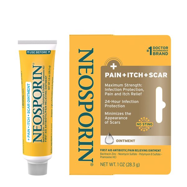 Neosporin First Aid Antibiotic Pain-Relieving, Anti-Itch, & Scar Ointment with Neomycin, Bacitracin Zinc, Pramoxine HCl & Polymyxin B, for Minor Cuts, Scrapes & Burns, 1 oz
