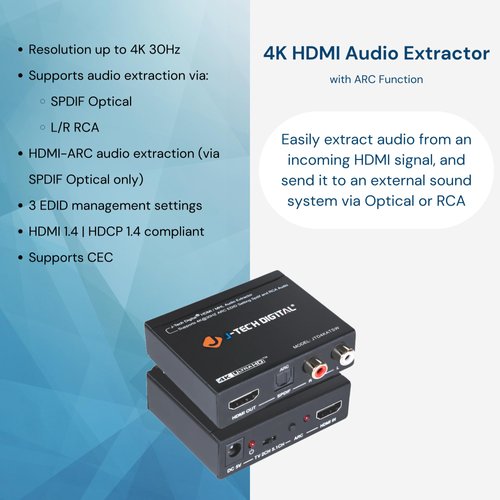 J-Tech Digital HDMI Audio Extractor 4K 30Hz 1080P 60Hz SPDIF + RCA Output, HDMI ARC Audio Extractor Converter, Dolby Digital/DTS CEC