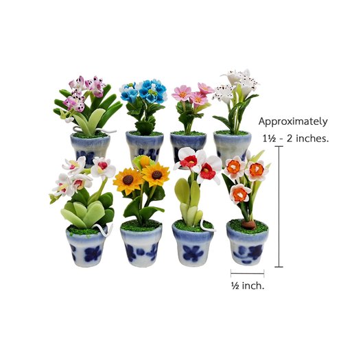 WitnyStore Tiny 2" High 8 Pieces Set Mix Hand Made Artificial Flowers Realistic Colorful Miniature Modelling Clay Flower Pots Brilliant Variety of Imitation House Plant Species Home Decoration