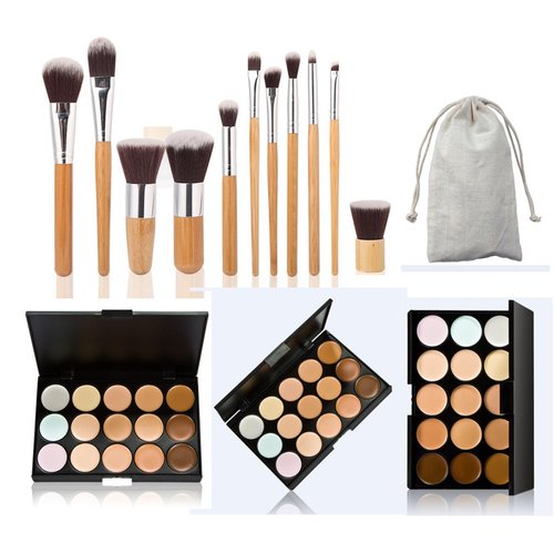 15 Colors Cream Contour Face Concealer Palette, FantasyDay Long Lasting Full Hydrating Coverage Conceals Corrects Foundation Camouflage Makeup Set for Correcting Dark Circles Acne Blemish + 11 Brush