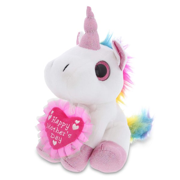 DolliBu Happy Mother's Day Super Soft Sparkling Big Eye White Unicorn Plush - Cute Stuffed Animal with Pink Heart Message for Best Mommy, Grandma, Wife, Daughter - 7"