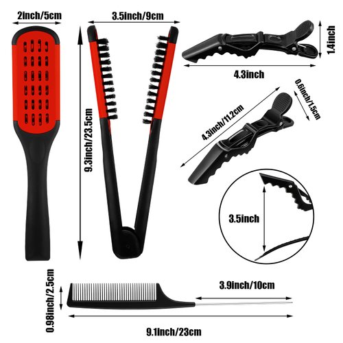 Honeydak Double Brush Hair Straightening Boar Bristle Clamp Hair Comb for Straightening Hair Splint Comb with 5 Pieces Alligator Hair Clips, Pin Rat Tail Comb for Hair Styling(Red Black Comb)