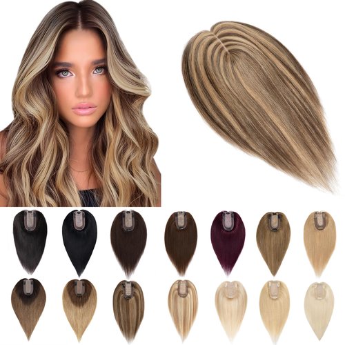 SEGO Human Hair Toppers for Women With Thinning Hair 7 * 13CM Silk Base 100% Real Human Hair Clip in Top Wiglet Hair Pieces -14 Inch No Bangs Medium Brown&Dark Blonde