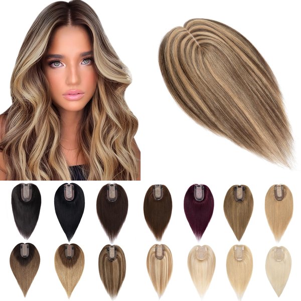 SEGO Human Hair Toppers for Women With Thinning Hair 7 * 13CM Silk Base 100% Real Human Hair Clip in Top Wiglet Hair Pieces -14 Inch No Bangs Medium Brown&Dark Blonde