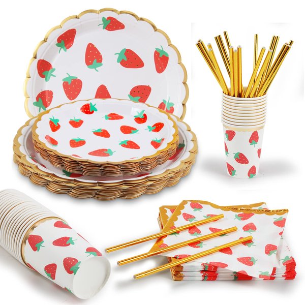 120 Piece Disposable Dinnerware Set, Strawberry Party Supplies with 20 Dinner Plates, 20 Dessert Plates, 20 Cups, 20 Straws & 40 Napkins for Party, Picnic, Wedding Baby Shower - 20 Guests (Strawberry)