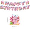 114Pcs Axolotl Birthday Party Supplies Include Happy Birthday Banner-Backdrop-Balloons-Cake Topper-Cupcake Toppers-Tableware-Plates-Napkins-Cups-Cutlery-Tablecloth for Axolotl Party Decorations