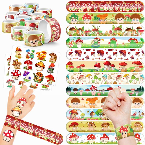 Cherisnowy 48 PCS Mushroom Party Favors 24PCS Tattoos Sticker 24PCS Slap Bracelets Wristbands Perfect for Themed Birthday Baby Showers or Classroom Rewards Ideal Decor and Gifts for Girls and Boys