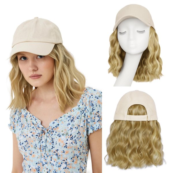 FORCUTEU Baseball Cap with Hair Extensions Hat Wigs for Women Short Wave Synthetic 14 Inch Baseball Cap Wig Adjustable Hat with Hair Attached for Daily Use
