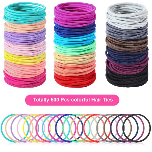 Canlierr 500 Pcs Hair Ties Bulk for Thick Non Metal Hair Elastics Hair Rubber Bands Ponytail Holders for Women Men Straight Thick Curly Hair, 2 mm x 3.5 cm (Multicolor)