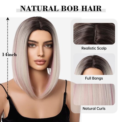 testar Blonde Bob Wigs For White Women Pink Bob Wigs Short Straight Blonde Wig With Highlights Natural Middle Part Pink Wigs Heat Resistant Synthetic Wigs For Girls Daily Wear 14Inch