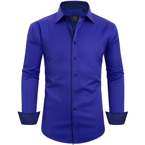 Alimens & Gentle Men's Long Sleeve Dress Shirts Wrinkle-Resistant Regular Fit Flex Button Down Shirt， Color: Flex-Royal Blue, Size: Medium