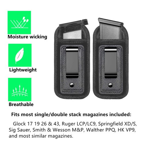 2-Pack Universal Magazine IWB Concealed Carry Holster, Single Double Stack Mags Pouch for Glock 17 26 43 Sig 1911 S&W M&P 9mm .40 .45 Fits 7 10 15 Round Ammo Clips for Pistols