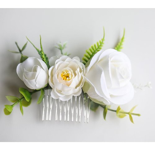 Fangsen Wedding Boho White Rose Buds Flower Hair Clips Floral Comb With Hair Piece and Hair Vines for Brides and Bridesmaids Silver
