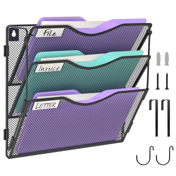 BOHDK File Folder Organizer, Wall File Organizer 3 Pockets, Hanging File Organizer, Foldable Mesh File Holder with Label Panel | 2 Hooks | Wall Mount & Door Hanging for Office Home