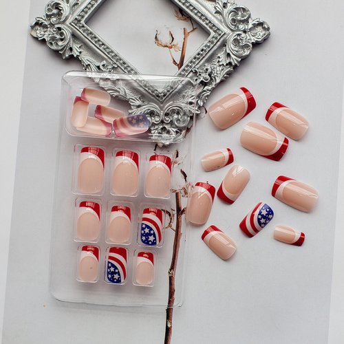 4th of July Press on Nails Medium Square Fake Nails Independence Day Patriotic Red Blue White Glitter French Star Flag Designs Acrylic False Nails with Glue Stick on Nail Accessories for Women 24 Pcs