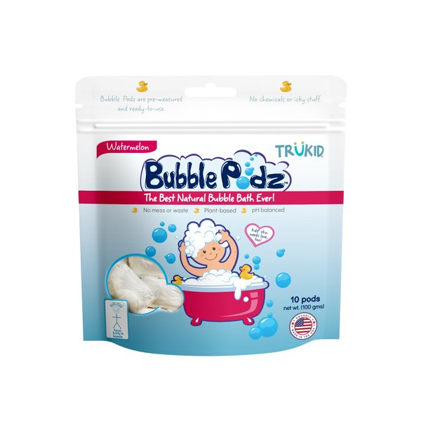 TruKid Bubble Podz Bubble Bath for Baby & Kids, Gentle Refreshing Bath Bomb for Sensitive Skin, pH Balance 7 for Eye Sensitivity, Natural Moisturizers and Ingredients, Watermelon (10 Podz)