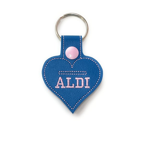 Aldi Quarter Holder, Aldi Heart Keychain, Blue with Pink tab