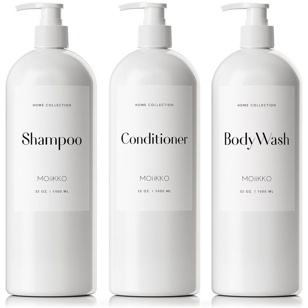 MOIIKKO 32oz Refillable Shampoo and Conditioner Dispenser Bottles - Set of 3 Empty Shampoo Conditioner Body Wash Dispenser with 8 Waterproof Labels