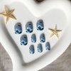 Press on Nails Short Square Fake Nails Summer False Nails Ocean Sea Wave Design Acrylic Stick on Nails Blue Glossy Glue on Nails Artificial Nails for Women 24pcs